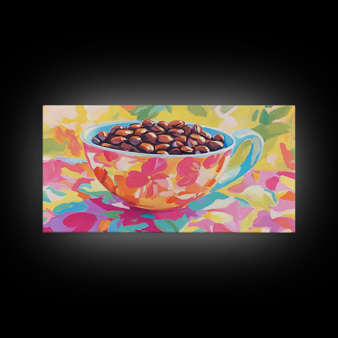 Floral Teacup With Coffee Beans Canvas Print, Coffee Bar Wall Art, Kitchen Decor, Cafe Art, Coffee Lover Gift, Home Decor