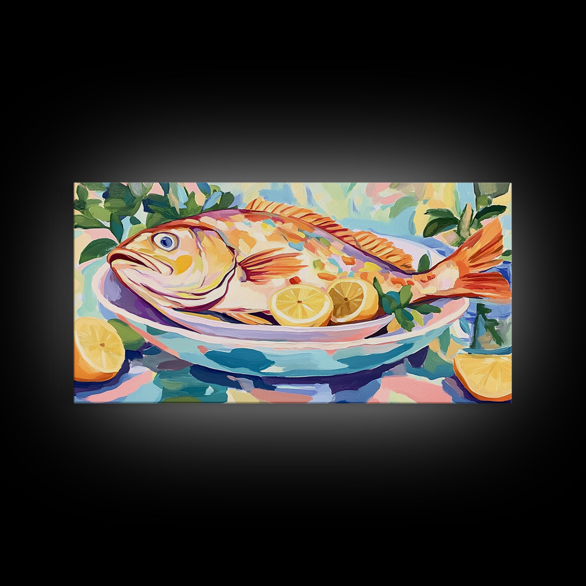 Whole Fish With Lemons On Platter Canvas Print, Coastal Kitchen Wall Art, Seafood Wall Decor, Nautical Home Decor Gift Idea