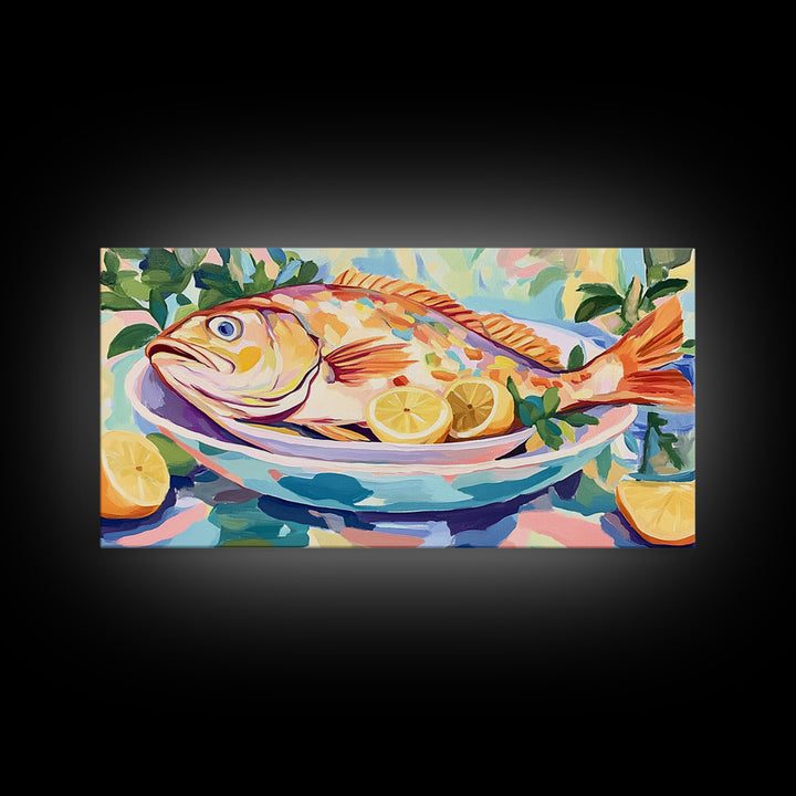 Whole Fish With Lemons On Platter Canvas Print, Coastal Kitchen Wall Art, Seafood Wall Decor, Nautical Home Decor Gift Idea