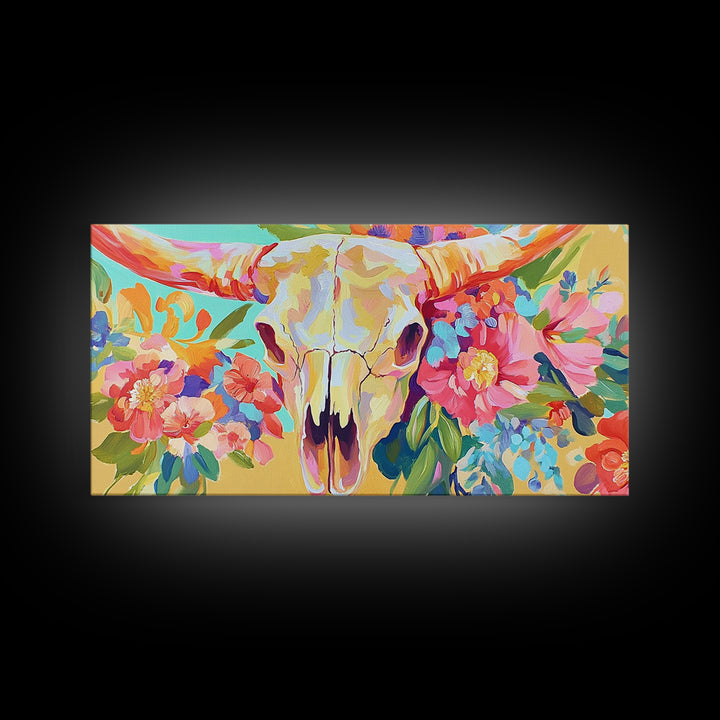 Floral Longhorn Skull With Pink Blooms Wall Art, Western Canvas Print, Cowgirl Decor, Boho Southwestern Housewarming Gift