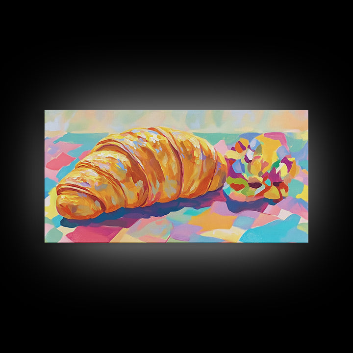 Golden Croissant And Macaron Wall Art, French Bakery Canvas Print, Cafe Kitchen Decor, Food Art Print, Sweet Gift For Baker