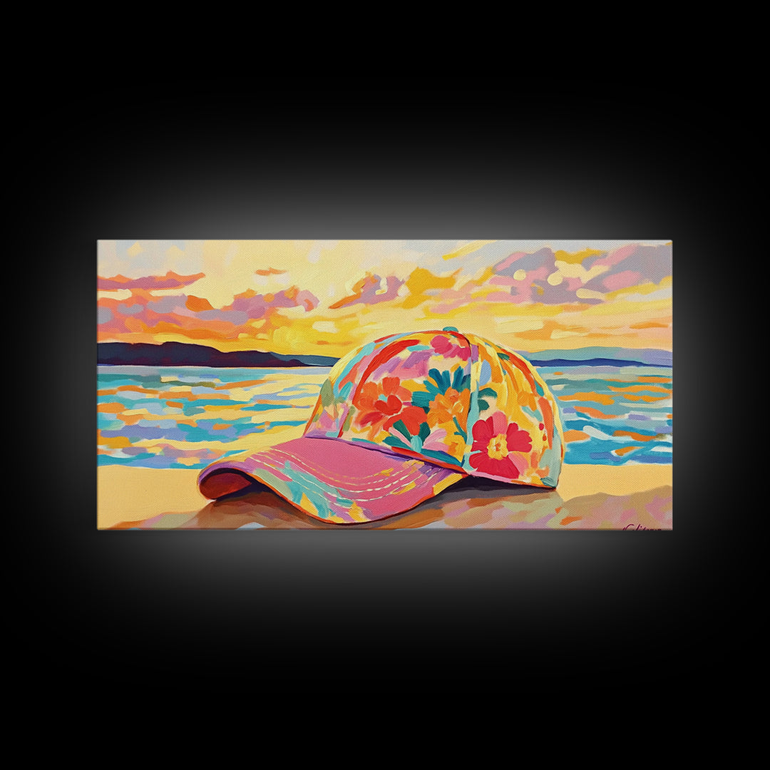Floral Baseball Cap Wall Art, Beach Sunset Canvas Print, Coastal Cowgirl Decor, Ocean Wall Art, Summer Gift For Her, Beach House Decor