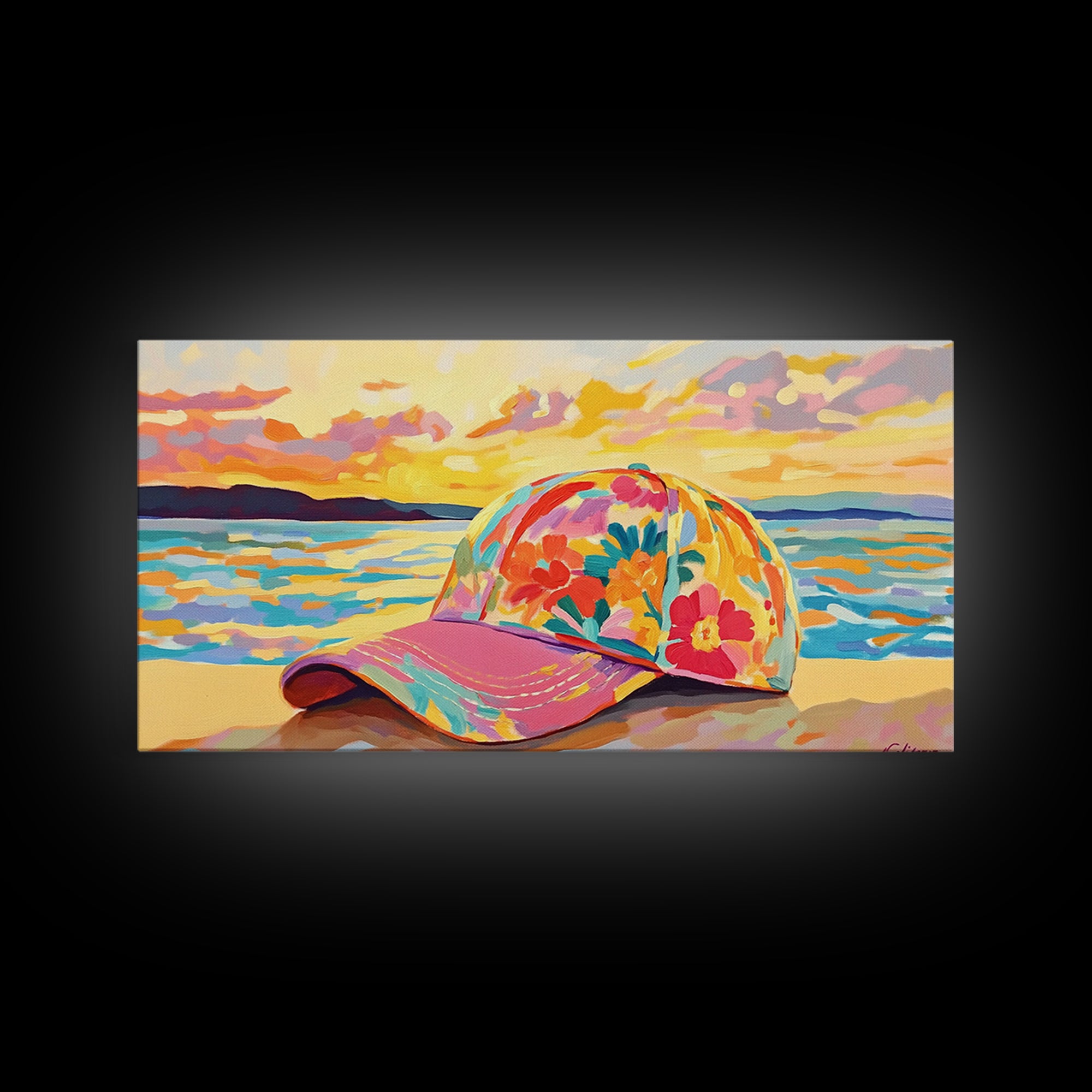 Floral Baseball Cap Wall Art, Beach Sunset Canvas Print, Coastal Cowgirl Decor, Ocean Wall Art, Summer Gift For Her, Beach House Decor
