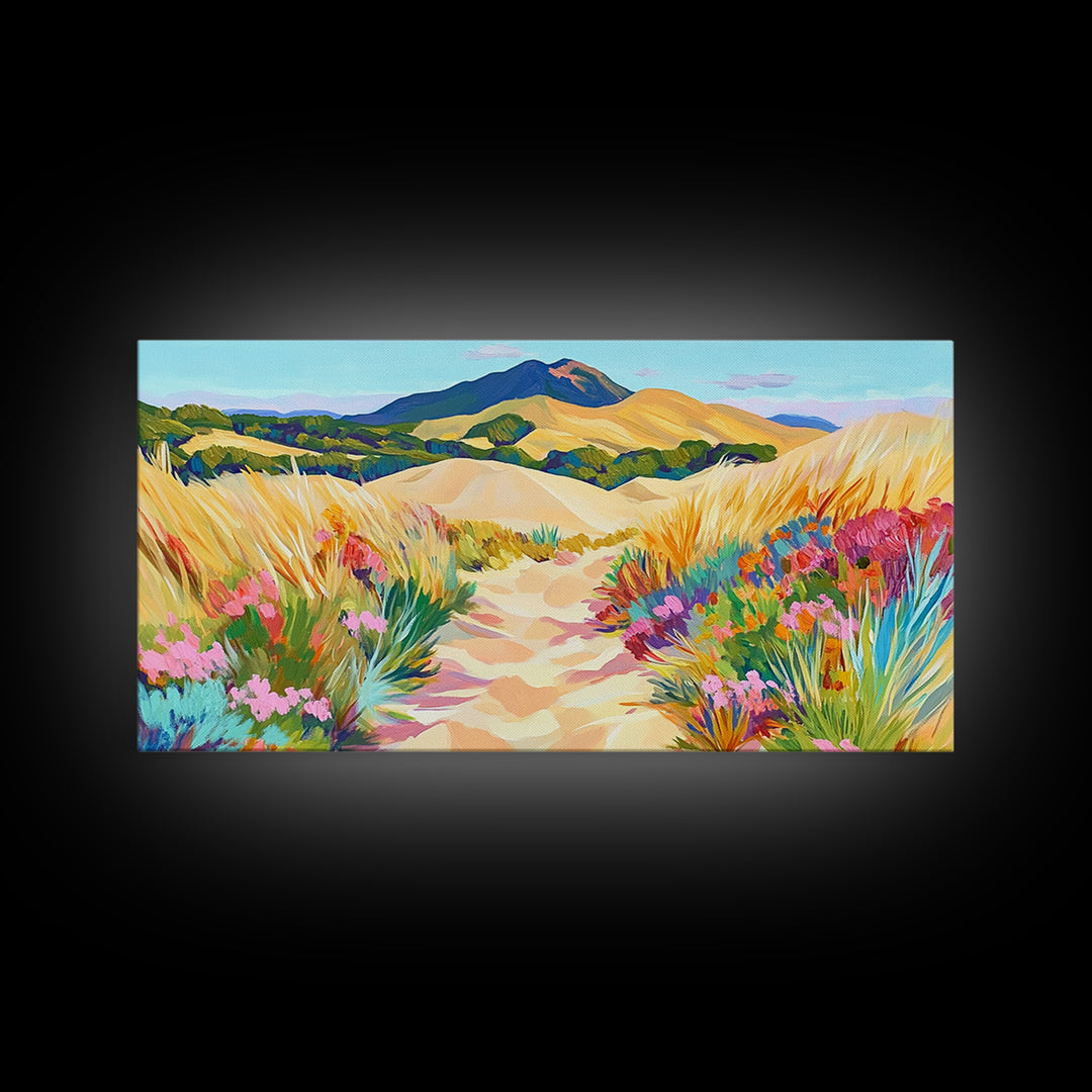 Golden Dune Path Canvas Print, Wildflower Landscape Wall Art, Coastal Desert Decor, Mountain Wall Art, Large Horizontal Art