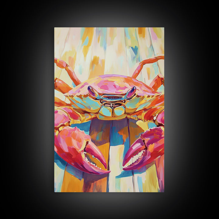 Vibrant Pink Crab On Weathered Dock Wall Art, Coastal Canvas Print For Beach House Decor, Ocean Wall Art, Seafood Gift Print