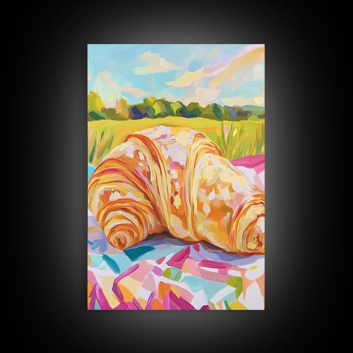 Golden Croissant Picnic In Sunny Field Wall Art, French Bakery Canvas Print For Kitchen Decor, Cafe Art Print, Foodie Gift