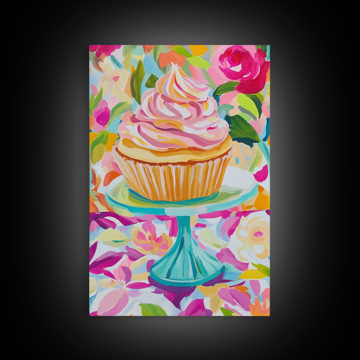 Pink Cupcake On Turquoise Cake Stand Wall Art, Cute Bakery Canvas Print For Kitchen Decor, Girls Room Art, Gift For Baker