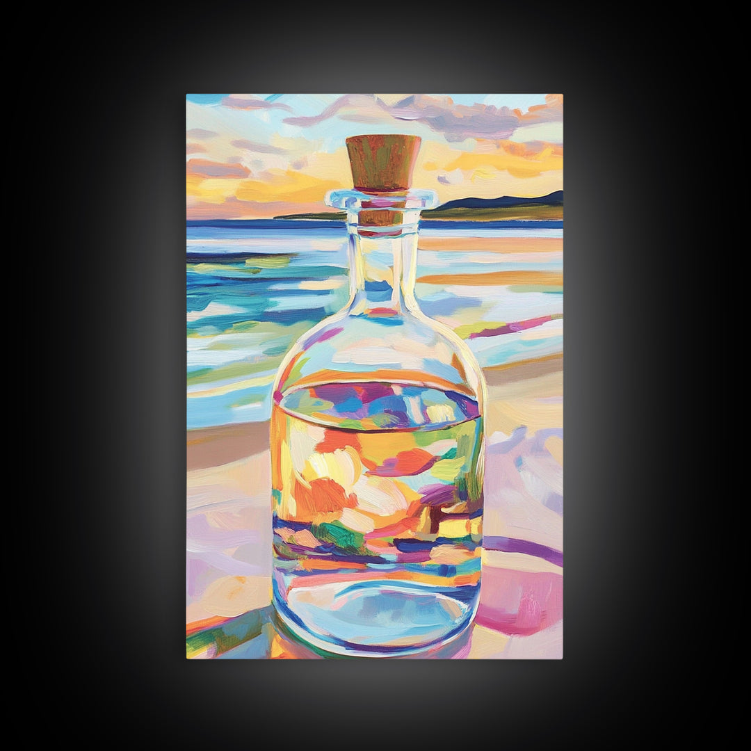 Glass Bottle At Sunset Beach Wall Art, Coastal Canvas Print For Ocean Decor, Seascape Art, Beach House Decor Gift For Her