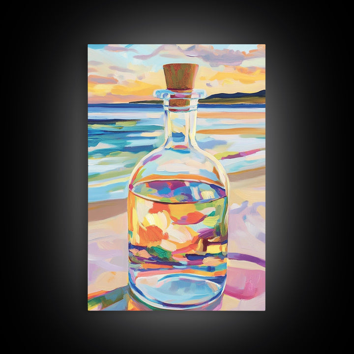 Glass Bottle At Sunset Beach Wall Art, Coastal Canvas Print For Ocean Decor, Seascape Art, Beach House Decor Gift For Her