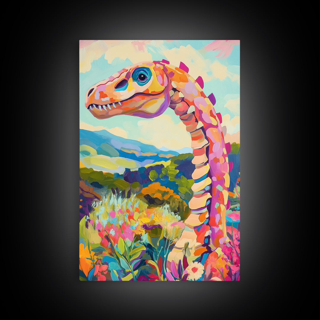 Whimsical Dinosaur In Colorful Hills Framed Canvas Print, Kids Room Wall Art, Nursery Decor, Fantasy Landscape Art Gift Idea