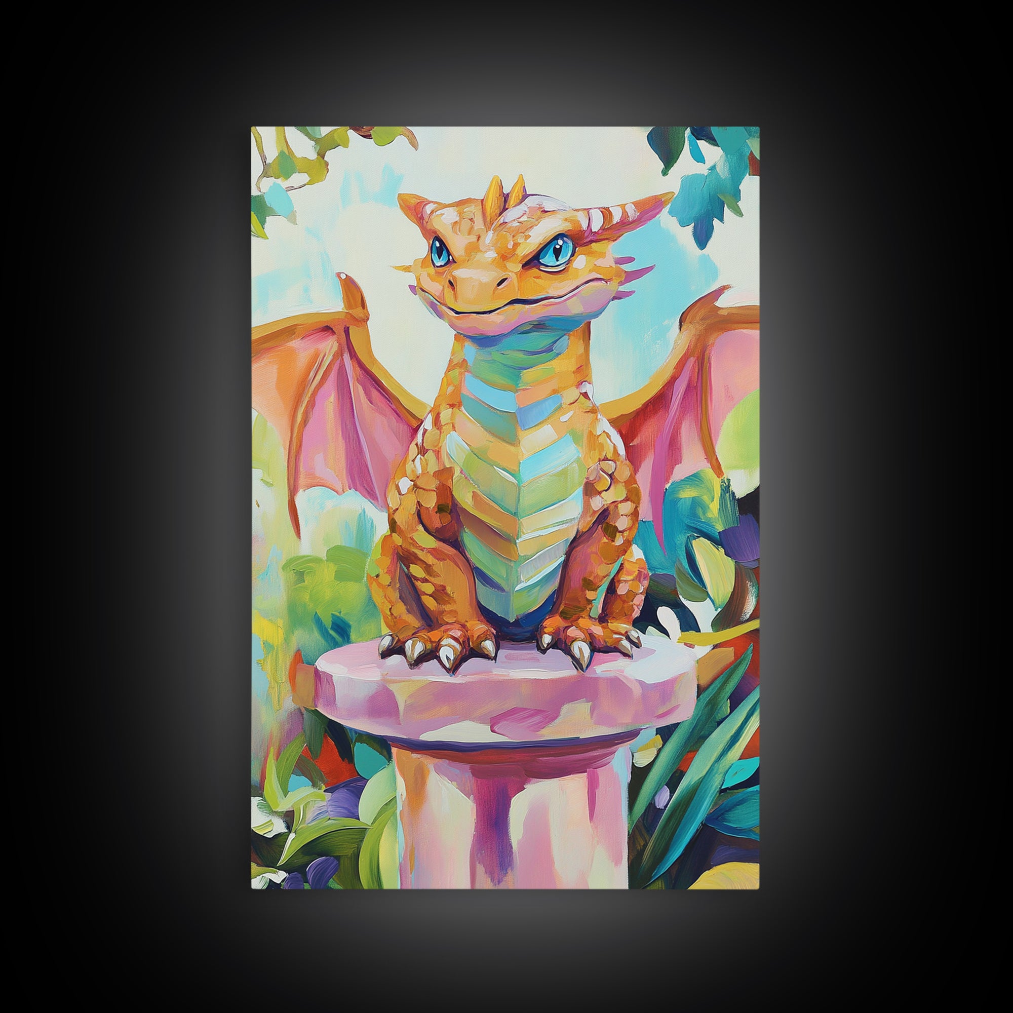 Cute Baby Dragon On Pedestal Canvas Print, Fantasy Wall Art, Whimsical Nursery Decor, Kids Room Art Gift For Dragon Lovers