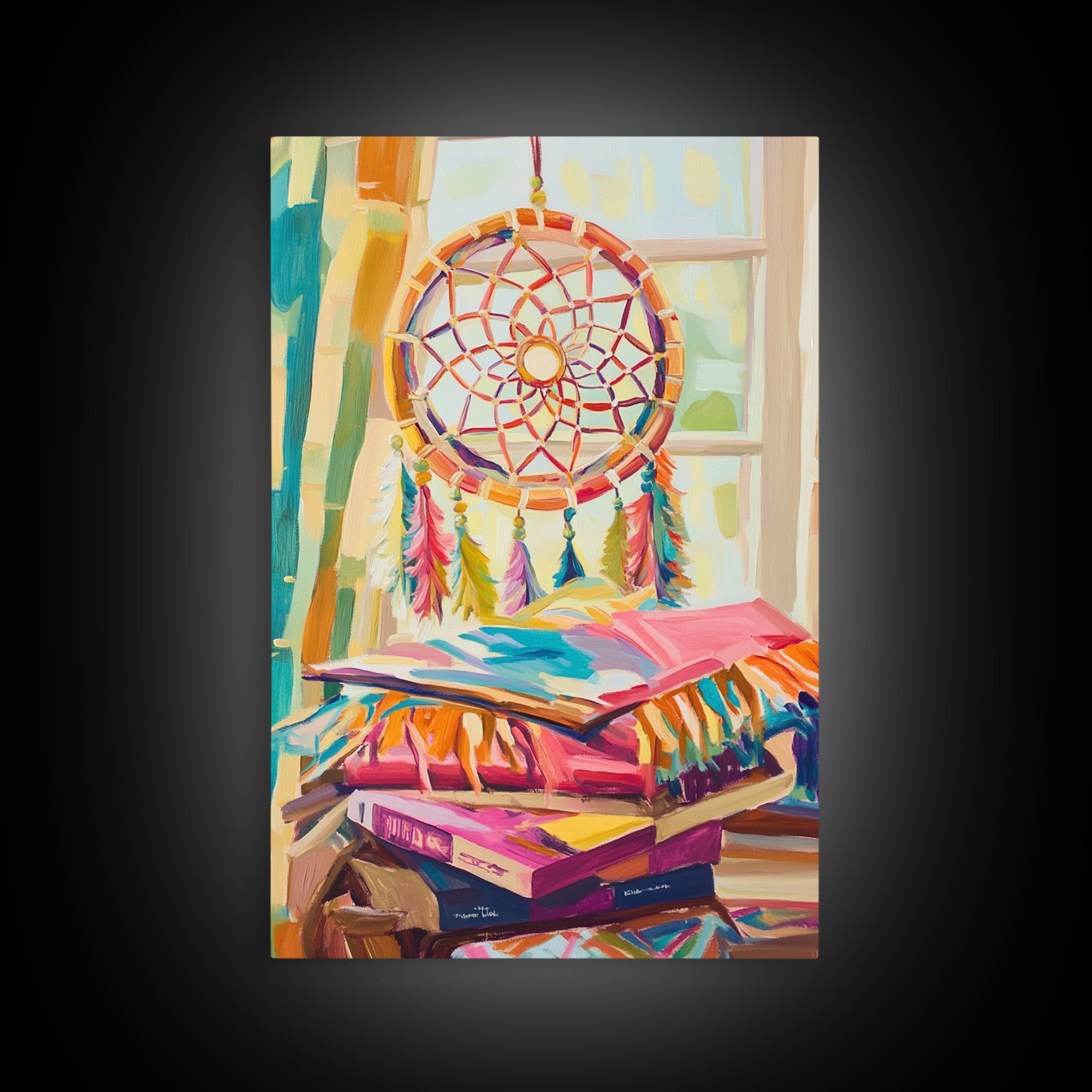 Boho Dreamcatcher And Stacked Books By Window Canvas Print, Whimsical Wall Art, Reading Nook Decor, Colorful Bedroom Art