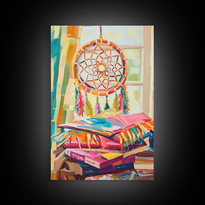 Boho Dreamcatcher And Stacked Books By Window Canvas Print, Whimsical Wall Art, Reading Nook Decor, Colorful Bedroom Art