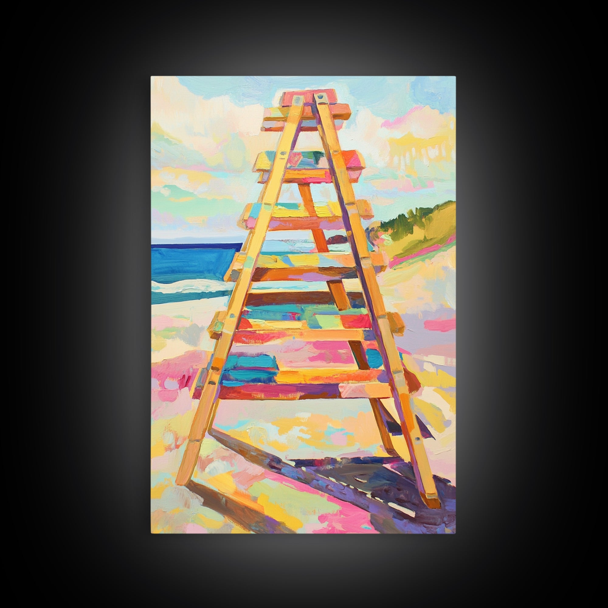 Pastel Beach Ladder Leading To Blue Ocean Wall Art, Coastal Wall Decor, Summer Beach House Decor, Large Canvas Print, Housewarming Gift