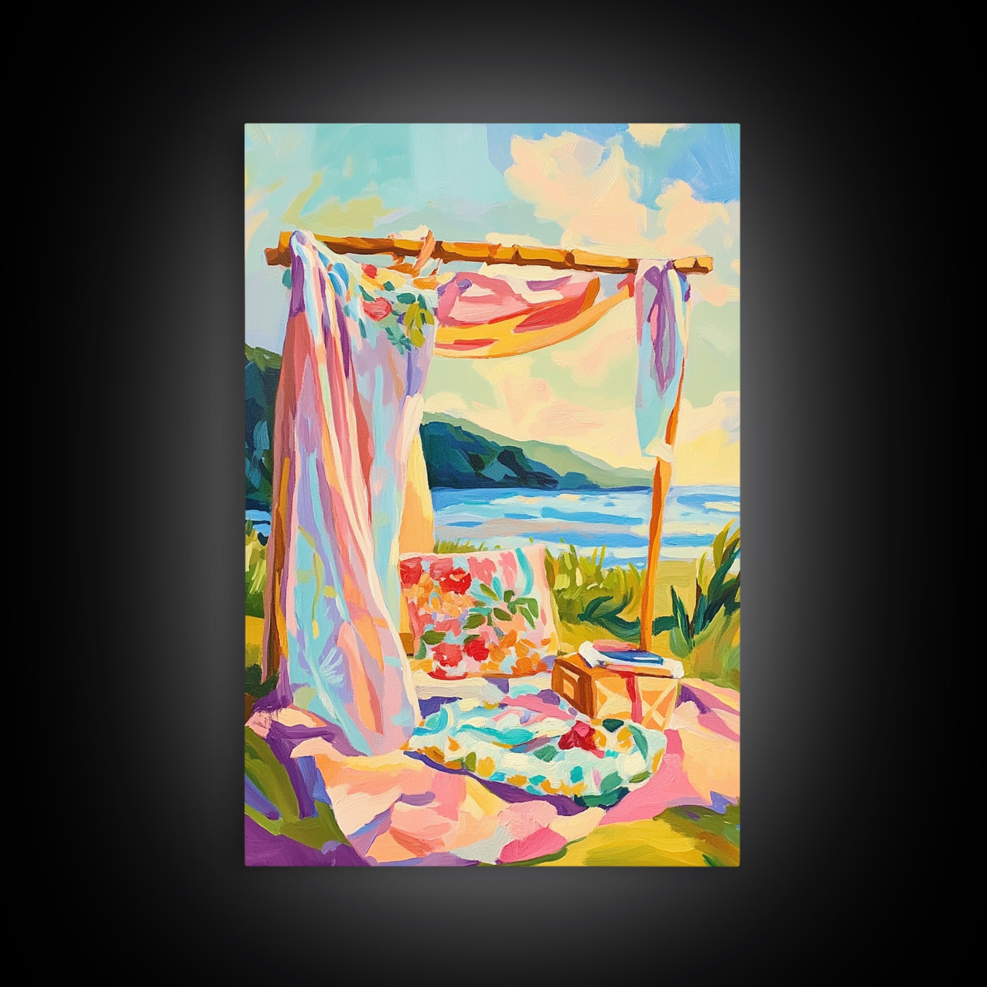 Sunny Beach Cabana Picnic Canvas Print, Coastal Wall Art, Tropical Beach House Decor, Summer Ocean Landscape, Gift For Her