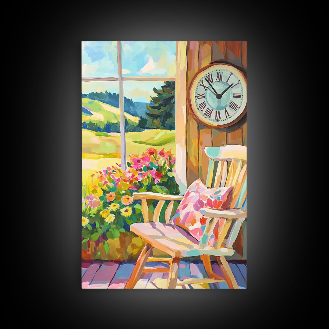 Sunlit Porch Rocking Chair Canvas Print, Country Wall Art, Farmhouse Decor, Floral Landscape Art, Cozy Living Room Decor Gift