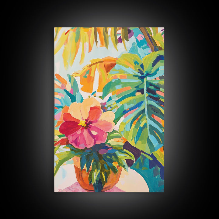 Pink Hibiscus And Monstera Tropical Wall Art, Colorful Botanical Canvas Print, Coastal Boho Living Room Decor, Housewarming Gift