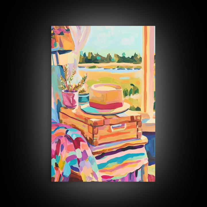 Sun Hat On Suitcase By Coastal Window Wall Art, Travel Canvas Print, Beach House Decor, Summer Bedroom Art, Gift For Her