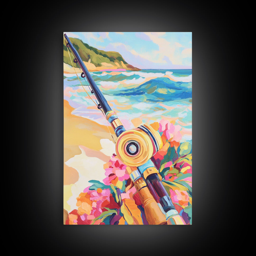 Beach Fishing Rod And Tropical Flowers Canvas Print, Coastal Wall Art, Ocean Wall Decor, Gift For Him, Beach House Decor