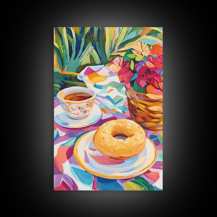 Tea Cup And Glazed Donut Garden Picnic Canvas Print, Kitchen Wall Art, Coffee Bar Decor, Whimsical Food Art, Gift For Her