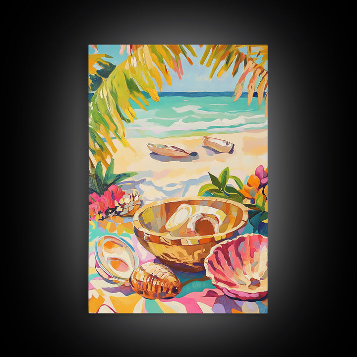 Tropical Seashell Bowl Canvas Print, Coastal Wall Art, Beach House Decor, Ocean Art Print, Summer Living Room Decor, Gift For Her