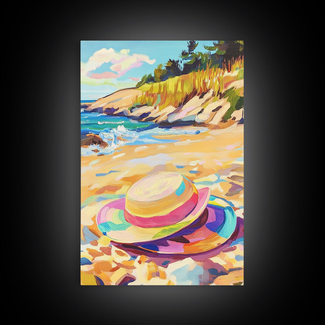 Striped Beach Hat On Shore Canvas Print, Coastal Wall Art, Summer Beach House Decor, Ocean Landscape Art, Gift For Her, Seaside Wall Decor