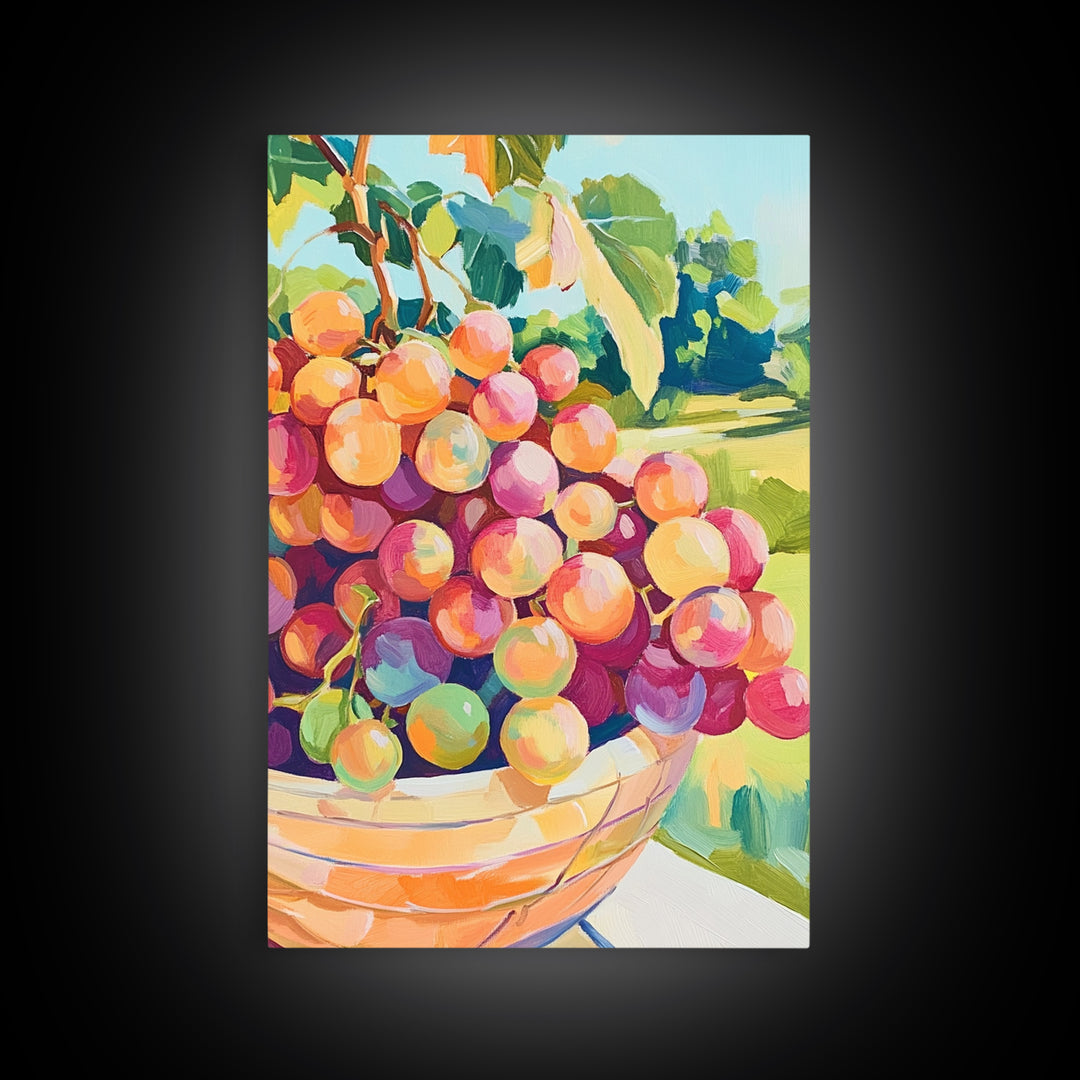 Bowl Of Rosy Grapes Canvas Print, Colorful Kitchen Wall Art, Vineyard Fruit Painting, Dining Room Decor, Housewarming Gift
