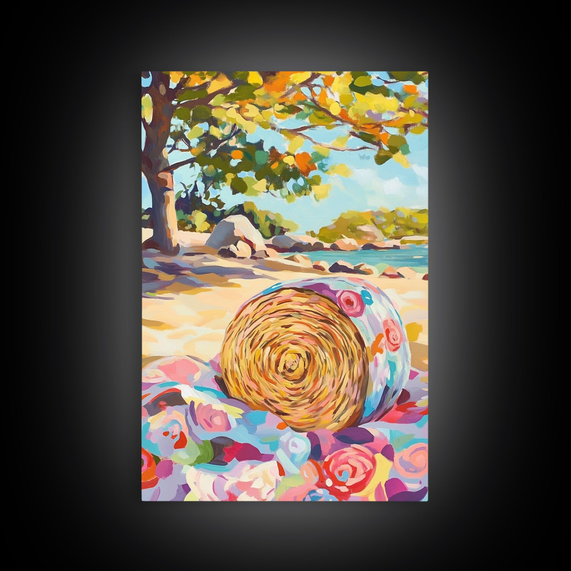 Floral Straw Hat On Sunny Beach Wall Art, Coastal Canvas Print, Tropical Seascape, Beach House Decor, Summer Gift For Her