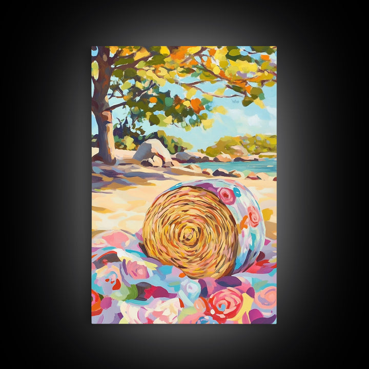 Floral Straw Hat On Sunny Beach Wall Art, Coastal Canvas Print, Tropical Seascape, Beach House Decor, Summer Gift For Her