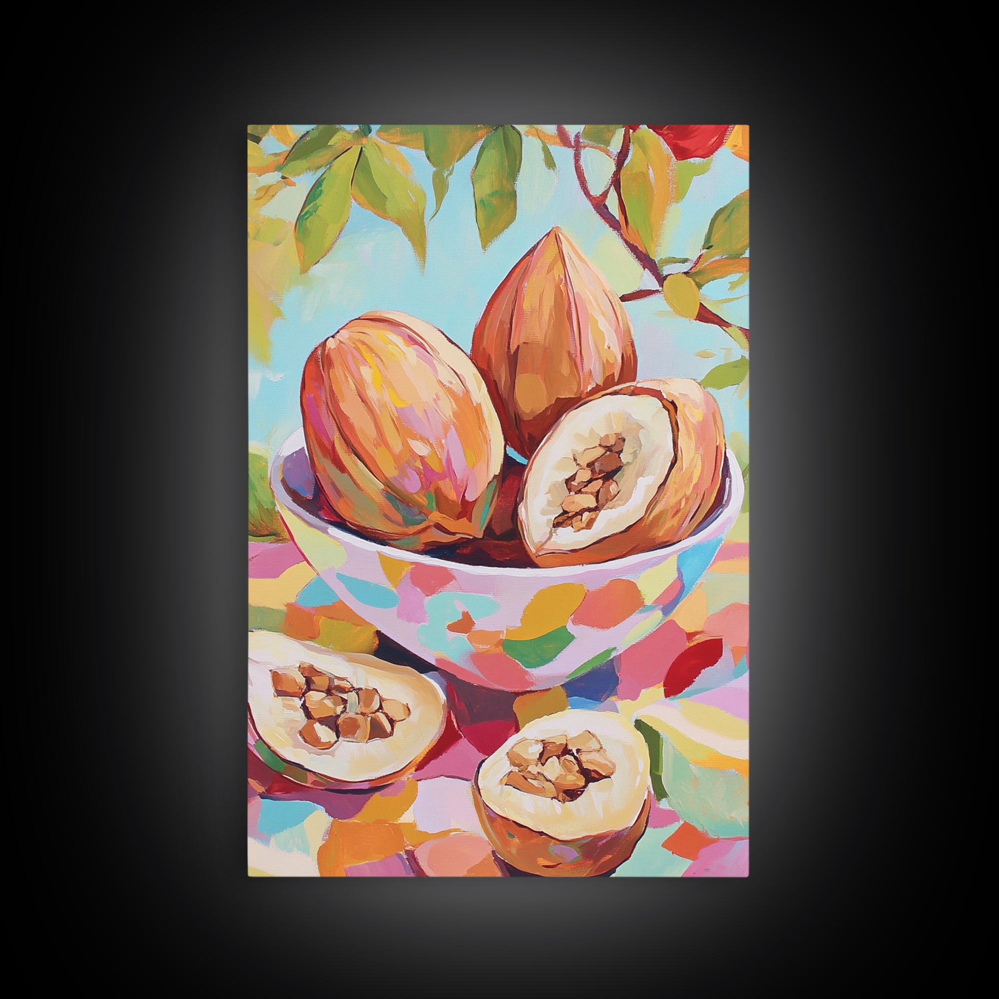 Tropical Cacao Pods In Painted Bowl Wall Art, Colorful Kitchen Canvas Print, Botanical Fruit Still Life, Foodie Home Decor
