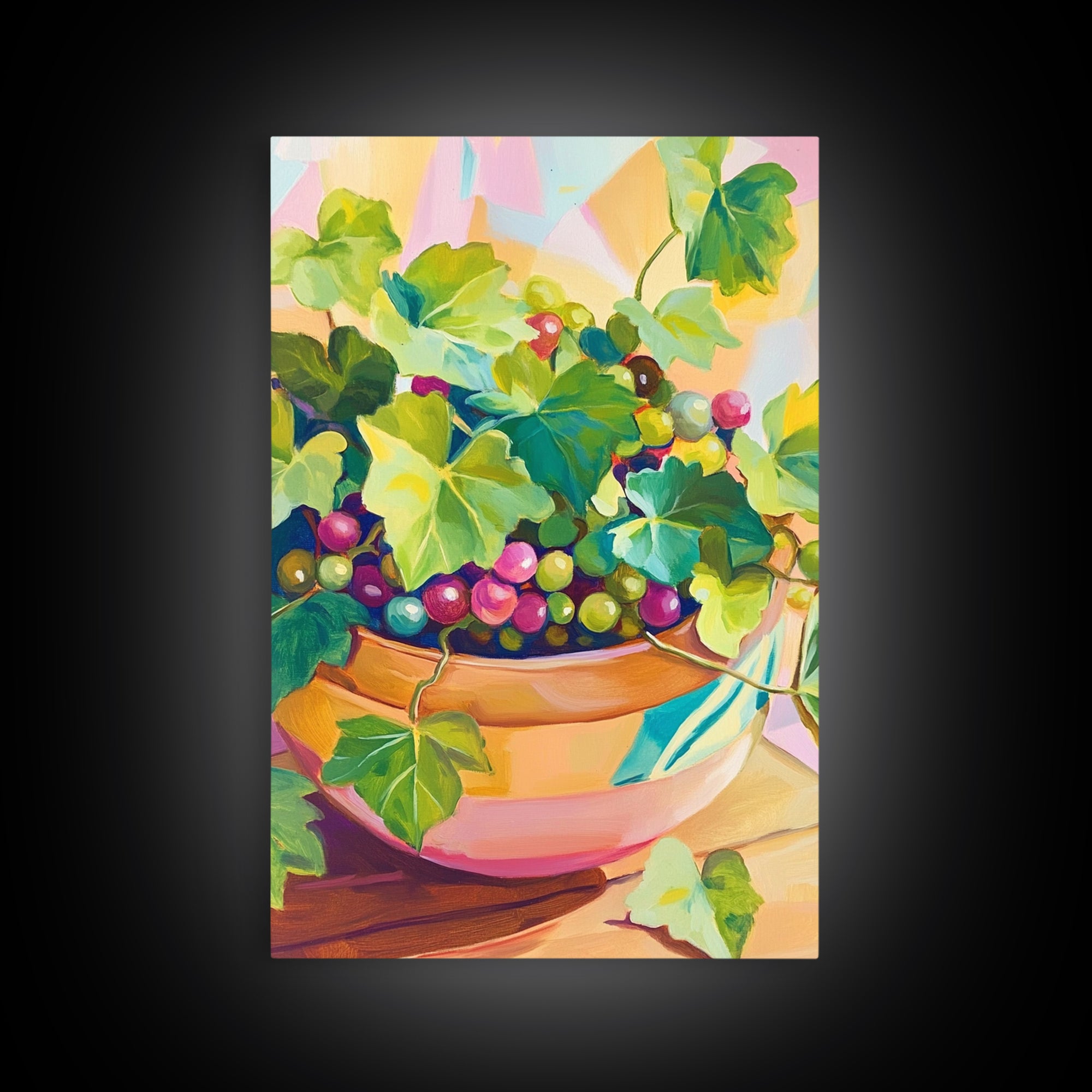 Grapes And Ivy In Ceramic Bowl Canvas Print, Colorful Kitchen Wall Art, Fruit Still Life, Winery Decor, Dining Room Prints