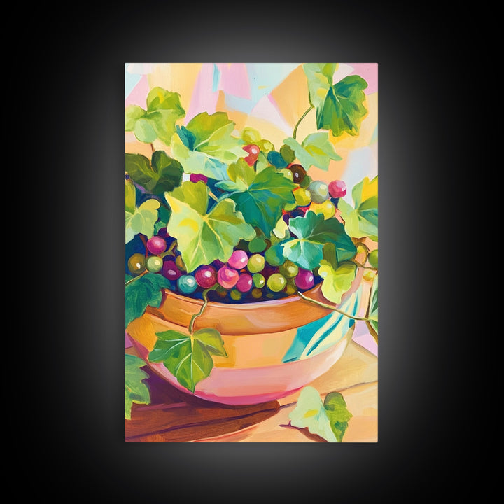 Grapes And Ivy In Ceramic Bowl Canvas Print, Colorful Kitchen Wall Art, Fruit Still Life, Winery Decor, Dining Room Prints