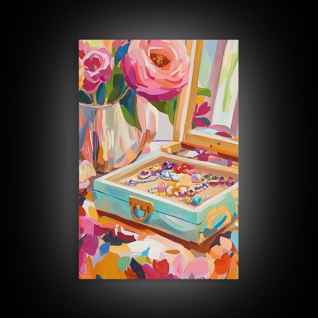 Pink Roses Jewelry Box With Rings Framed Canvas Print, Feminine Vanity Wall Art, Coquette Bedroom Decor, Romantic Gift For Her