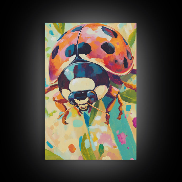 Colorful Ladybug On Green Leaves Canvas Print, Whimsical Animal Wall Art, Nature Inspired Decor, Nursery Art, Garden Lover Gift