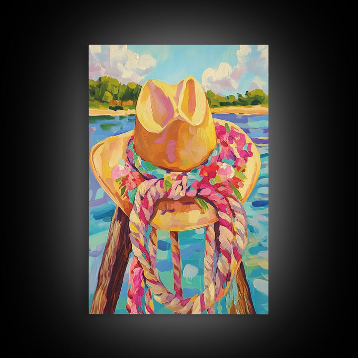 Cowgirl Hat And Rope By Lake Framed Canvas Print, Western Wall Art For Coastal Cowgirl Decor And Rustic Home Decor, Living Room Wall Decor