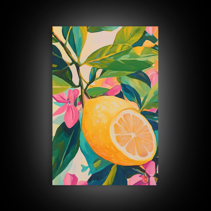 Bright Lemon Branch With Pink Blossoms Wall Art, Botanical Canvas Print For Kitchen Decor, Coastal Home Decor And Gift For Her