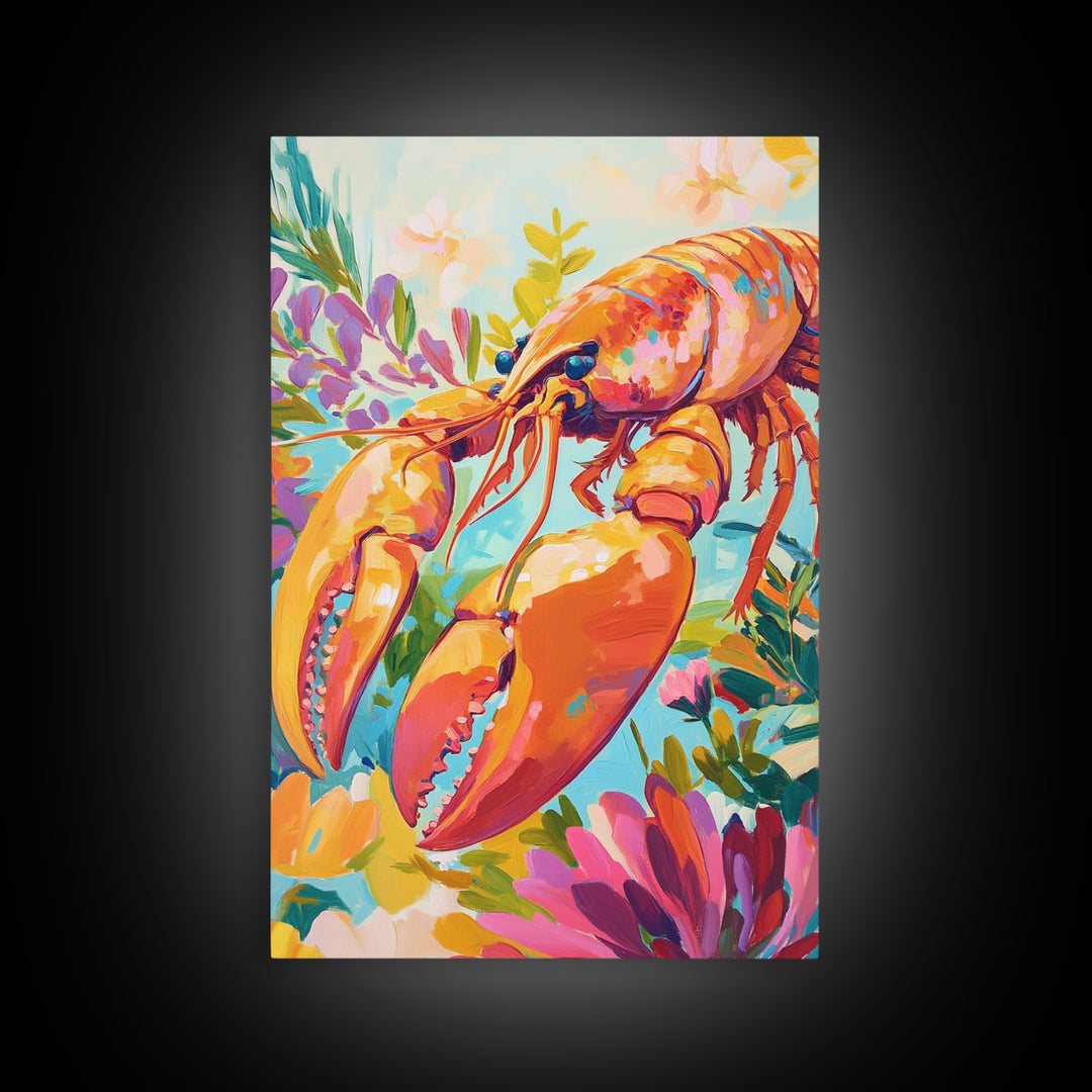 Vibrant Lobster With Garden Florals Canvas Print, Coastal Wall Art, Seafood Wall Decor, Tropical Kitchen Decor, Gift For Her