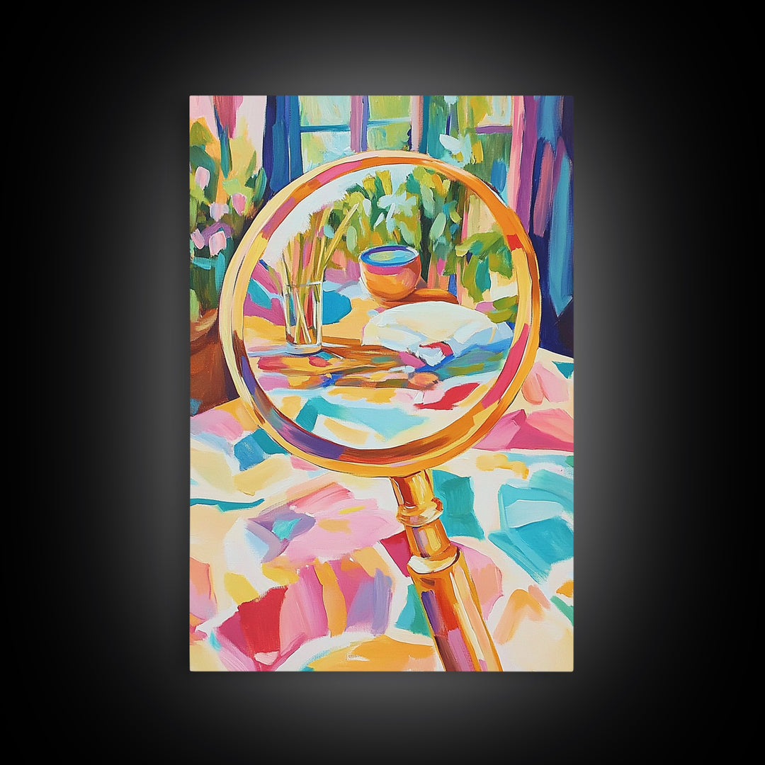 Gold Magnifying Glass With Garden View Canvas Print, Eclectic Wall Art, Botanical Wall Decor, Colorful Still Life Art Print