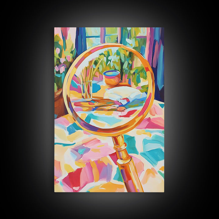Gold Magnifying Glass With Garden View Canvas Print, Eclectic Wall Art, Botanical Wall Decor, Colorful Still Life Art Print