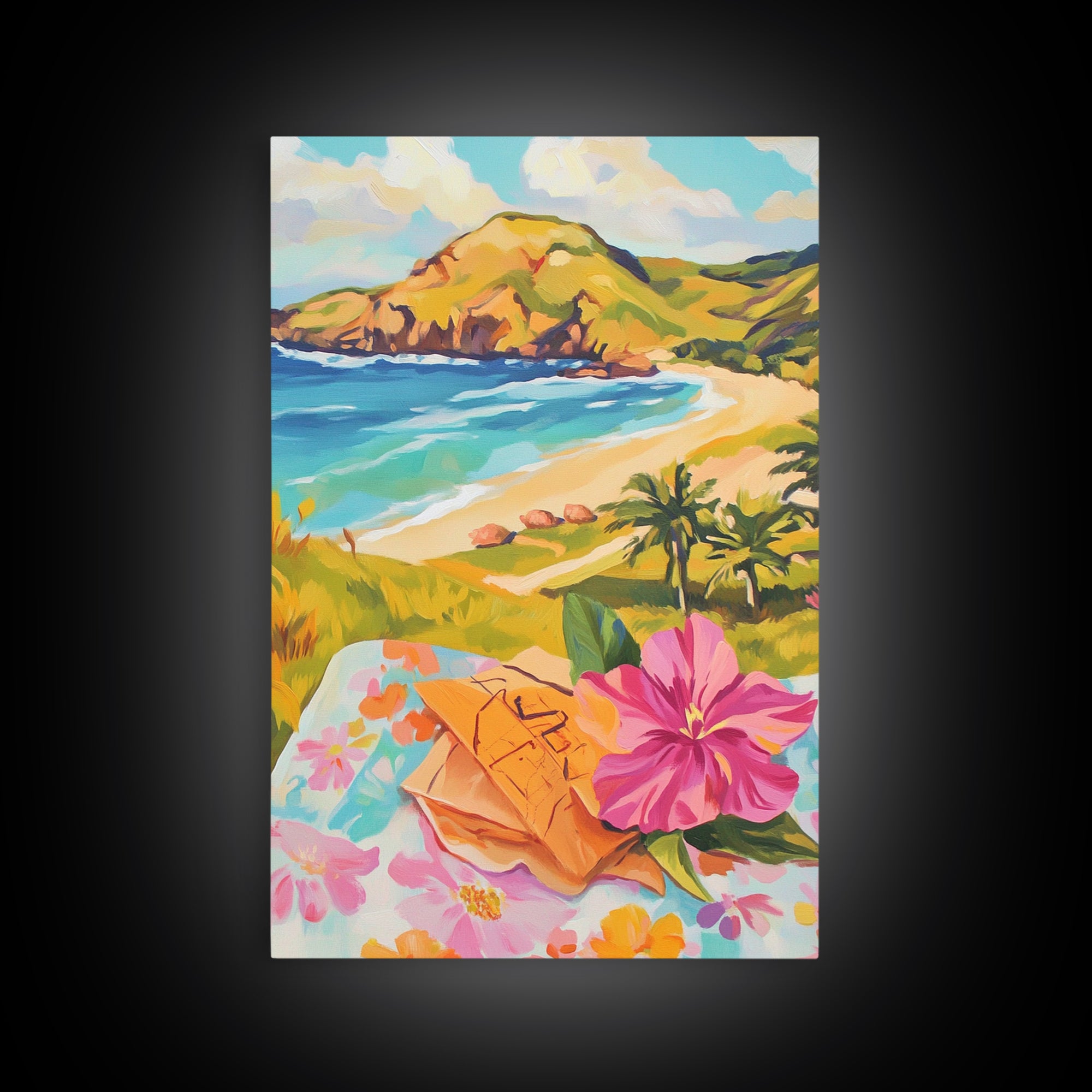 Tropical Beach View With Hibiscus Canvas Print, Coastal Wall Art, Ocean Wall Decor, Summer Landscape, Beach House Decor Gift