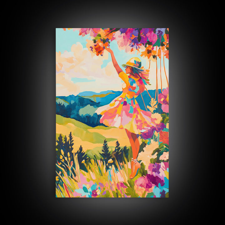 Joyful Woman In Mountain Flower Meadow Framed Canvas Print, Colorful Wall Art, Feminine Art, Landscape Art, Gift For Her