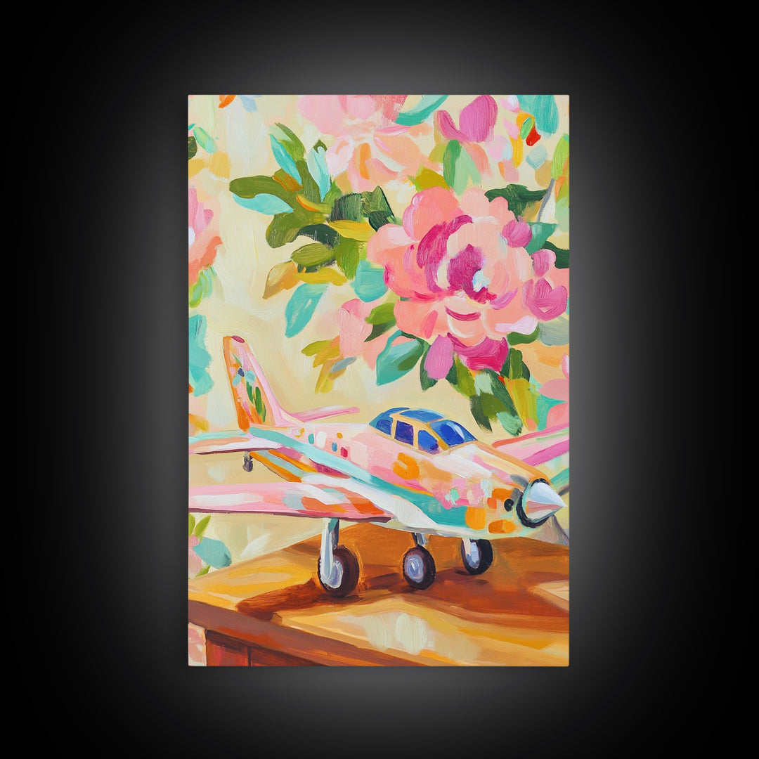 Pink Floral Toy Airplane Canvas Print, Whimsical Aviation Nursery Decor, Kids Room Wall Art, Bright Baby Girl Room Gift Idea