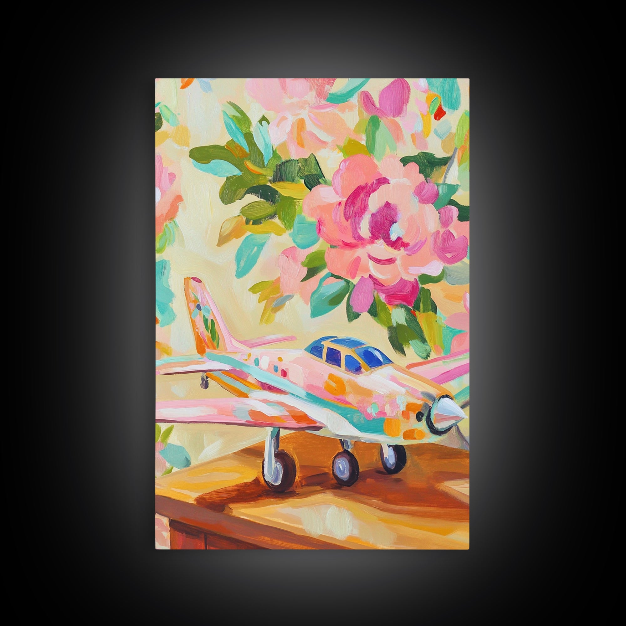 Pink Floral Toy Airplane Canvas Print, Whimsical Aviation Nursery Decor, Kids Room Wall Art, Bright Baby Girl Room Gift Idea