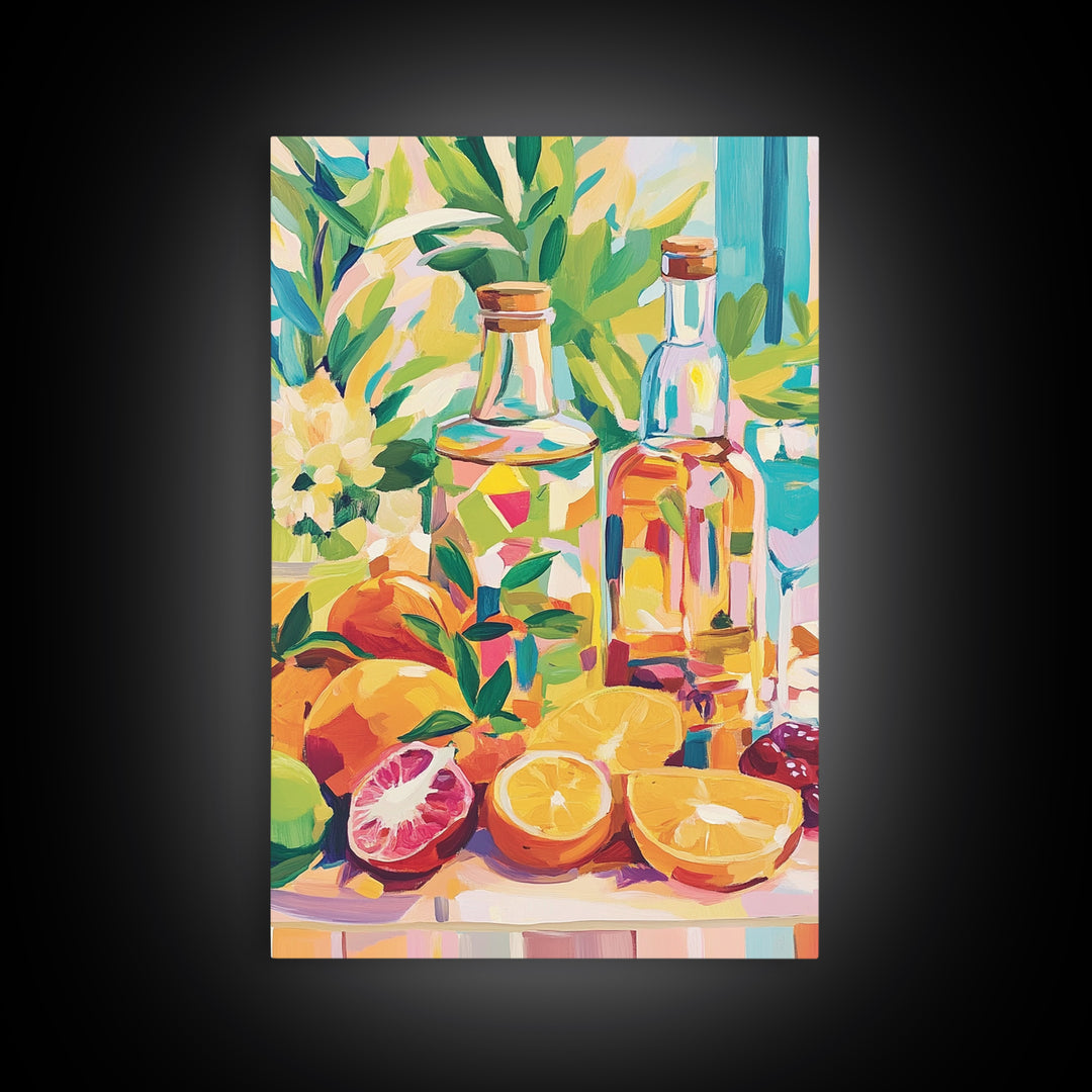 Sunlit Citrus Bottles And Tropical Fruit Canvas Print, Coastal Kitchen Wall Art, Colorful Still Life Dining Room Decor Gift