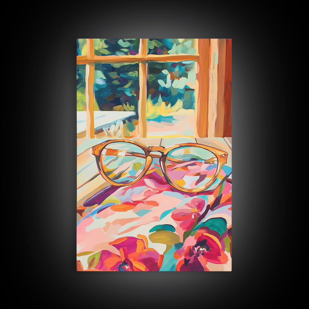 Tortoise Glasses On Floral Fabric Wall Art, Cozy Reading Nook Canvas Print, Book Lover Decor, Feminine Home Decor, Gift For Her