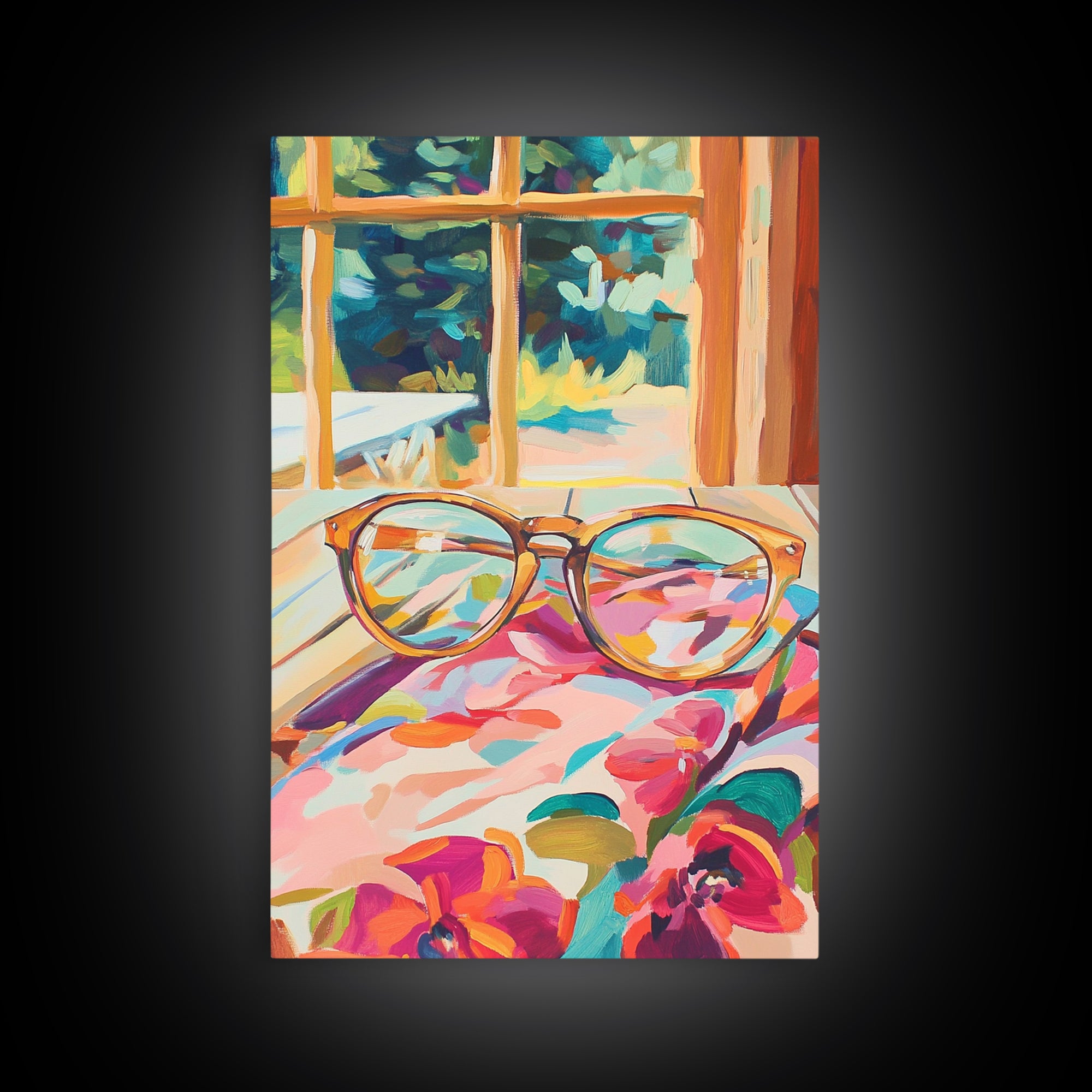 Tortoise Glasses On Floral Fabric Wall Art, Cozy Reading Nook Canvas Print, Book Lover Decor, Feminine Home Decor, Gift For Her