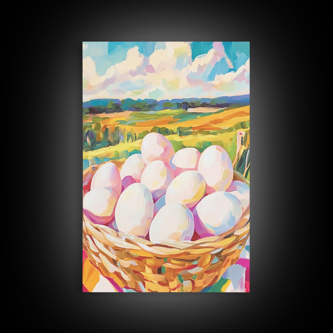 Farm Fresh Eggs In Wicker Basket Wall Art, Country Landscape Canvas Print, Rustic Farmhouse Kitchen Decor, Housewarming Gift
