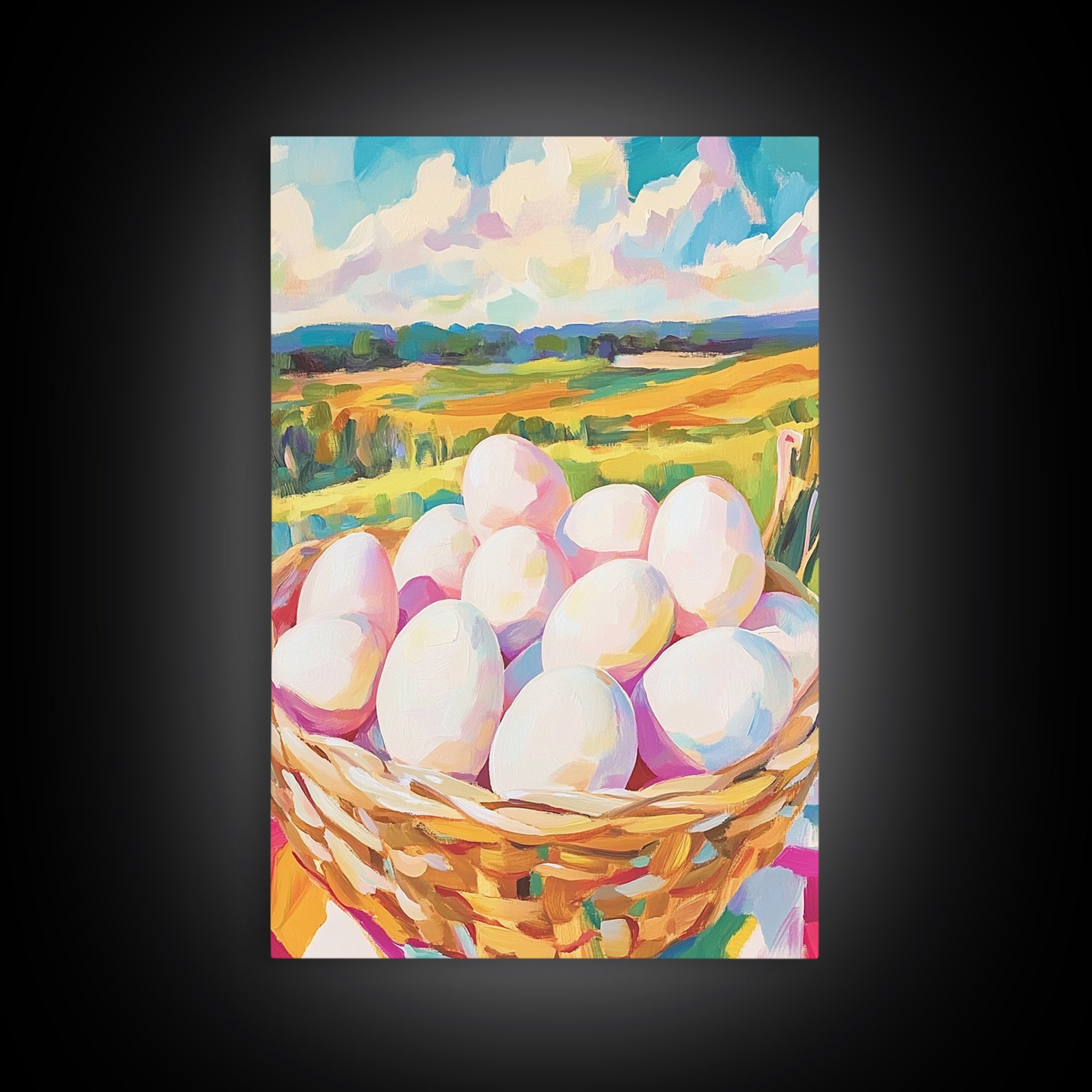 Farm Fresh Eggs In Wicker Basket Wall Art, Country Landscape Canvas Print, Rustic Farmhouse Kitchen Decor, Housewarming Gift