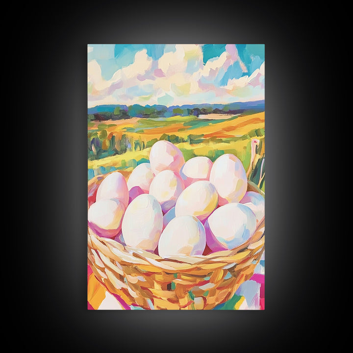 Farm Fresh Eggs In Wicker Basket Wall Art, Country Landscape Canvas Print, Rustic Farmhouse Kitchen Decor, Housewarming Gift