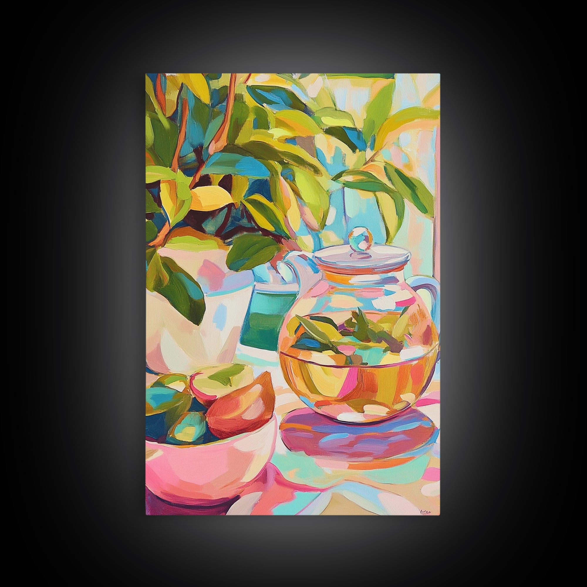 Sunlit Glass Tea Jar With Plants Canvas Print, Botanical Kitchen Wall Art, Colorful Home Decor, Still Life Art Print, Gift